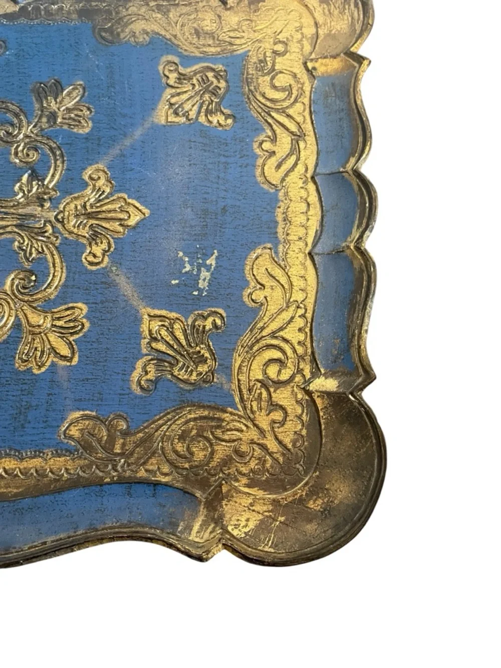 Vintage Italian Florentine Wood Tray Blue Gold Gilt Scalloped Hand Painted Italy
